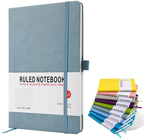 A5 Notebook, Journal Note Pad 200 Pages 80 GSM Journal Notebook Hardback Notepad with Lined Pages, Pen Loop and Expandable Paper Pocket, Journal Notepad Note Book- Gray Blue