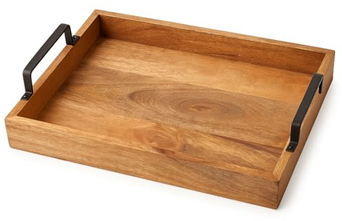 Assorted Collections Wooden Trays with Cast Handles - Premium Quality Decorative Serving Trays for Coffee Table -Wooden Snack Tray Versatile for Meal Service, Home Decor, and Entertaining (Large)