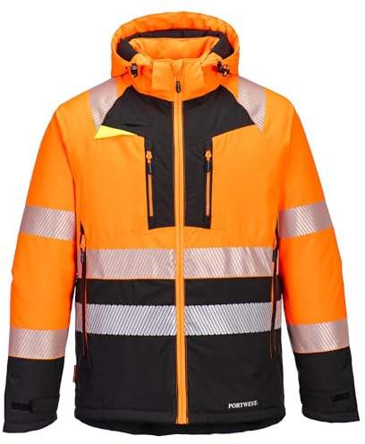 Portwest DX430 Men's Winter Jacket Insulated Waterproof Hi Vis Hooded Work Coat Reflective Fully Lined Padded Zip Safety Utility Reflective Workwear Orange/Black, Large