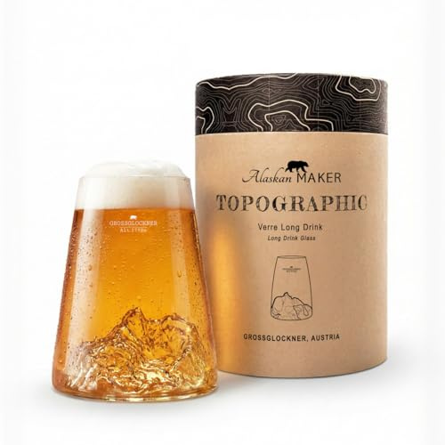Alaskan MAKER Vidrio largo 450ml - Cristal cristalino soplado artesanalmente con montañas en relieve | Cóctel, cerveza o soft TOPOGRAPHIC (Grossglockner)