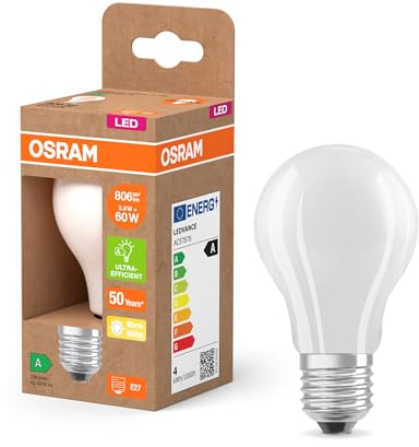OSRAM LED Superstar Classic LED-Lampe A 60 in klassischer Kolbenform aus gefrostetem Glas, 3.8 W, 806 lm, E27 Fassung, 2700 K für warmweißes Licht, EEK A, 60 mm Durchmesser.