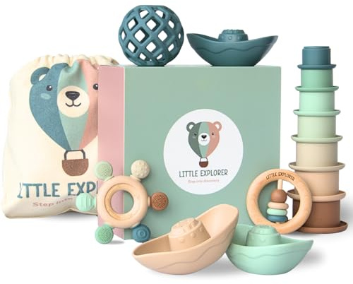 LITTLE EXPLORER - Jouet bebe evolutif 0-36 mois, cadeau naissance fille cadeau naissance garcon, anneau dentition bebe, tasses empilables, hochet, montessori 6 mois, jouet sensoriel
