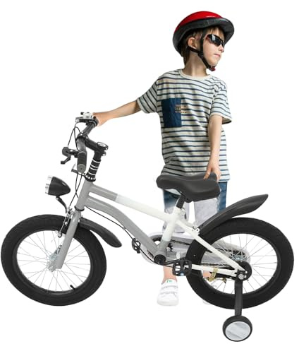 CUMELLIIR Vélo enfant 16 pouces pour garçon et fille, vélo avec roues stabilisatrices et lumière, hauteur réglable, vélo en acier au carbone pour enfant à partir de 4, 5, 6, 7 ans, gris