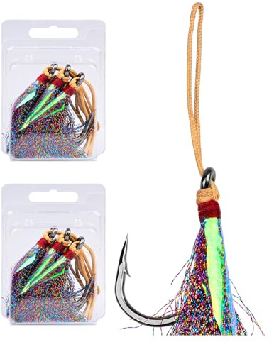 Hameçons de Pêche Bucktail Teaser,2 Hameçons Barbelés en Acier a Haute Teneur en Carbone,pour la Pêche a la Traîne et Au Lancer en Bateau