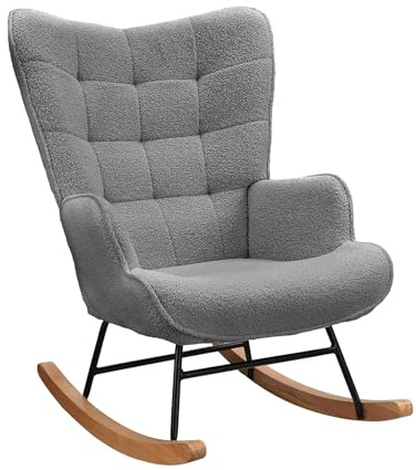TIMORWTF Poltrona a dondolo, sedia a dondolo in velluto Teddy con gambe in legno massello, per soggiorno, camera da letto, balcone (grigio scuro)