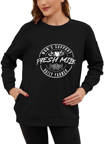 Love2Mi - Felpa da donna a maniche lunghe con chiusura invisibile, per l'allattamento, con tasca, casual, abbigliamento per la gravidanza, Nero , M