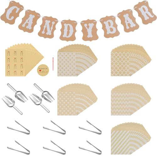 Set di 81 accessori per candy bar, contiene 60 sacchetti per caramelle, 10 adesivi, 6 pinze per zucchero, 4 pale e 1 ghirlanda decorativa, set decorativo per matrimoni, compleanni, feste