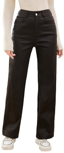 MakeMeChic Women's High Waist Pockets Straight Leg Jeans Leather Look Pants Black New Small
