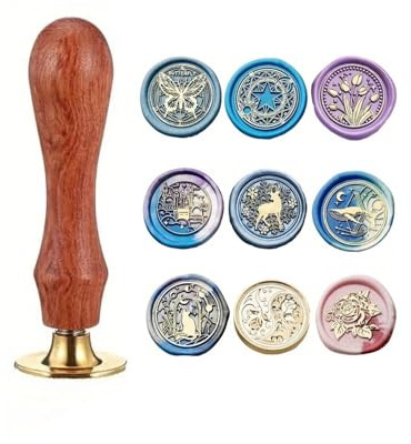 JUKOTA Juego de sellos de cera, 9pcs sellos clásicos con mango de madera, sello de cera, kit para regalo, invitaciones, sobres, cartas