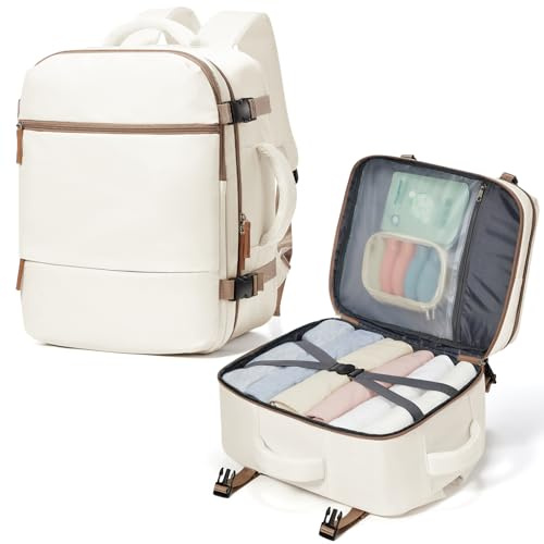 suradar Mochila Viaje Cabina Avion 40x30x20 para Ryanair, Wizz, Vueling Bolsa Viaje 40x30x20 Equipaje de Mano Mochila Portatil 15,6 Pulgadas Mochilas para Trabajo Colegio Hombre Mujer Beige con marrón