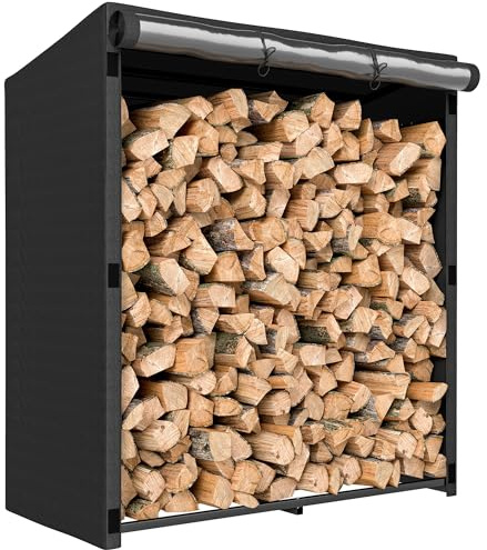 Outsunny Estante de Leña Metálico, Carga 300 kg, Leñero Exterior con Cubierta Impermeable 600D Oxford, Marco de Acero, Soporte para Leña de Chimenea, para Jardín, Terraza, 140x70x154 cm