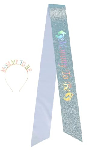 Kisangel Ensemble 1 diadème et écharpe « Future Maman » : Écharpe turquoise pailletée, décorations de baby shower, accessoire scintillant pour la révélation du sexe du bébé, souvenir de