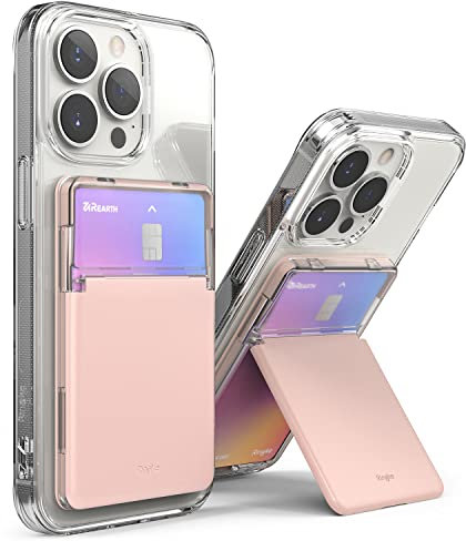 Ringke Stand Slot Card Holder, Porte-Cartes Adhésifs Portefeuille Autocollant Porte Carte de Crédit pour l’arrière de Téléphone avec 3M Sticker Adhésive Attachable Téléphone - Clear & Peach Pink