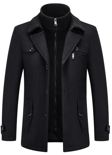 KUDORO Manteau Homme en Laine Chaud pour Hiver Trench Coat Mi-Long Classique Parka Pardessus Caban Slim Fit Élegant Business Décontractée Duffle-Coats Revers Overcoat(Noir,3XL)