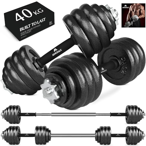 Amonax 40kg Cast Iron Adjustable Dumbbells, Barbell Set for Men & Women, Strength Training Equipment for Home Gym & Fitness, Dumbbell Pair & Bar Bells for Weight Lifting
