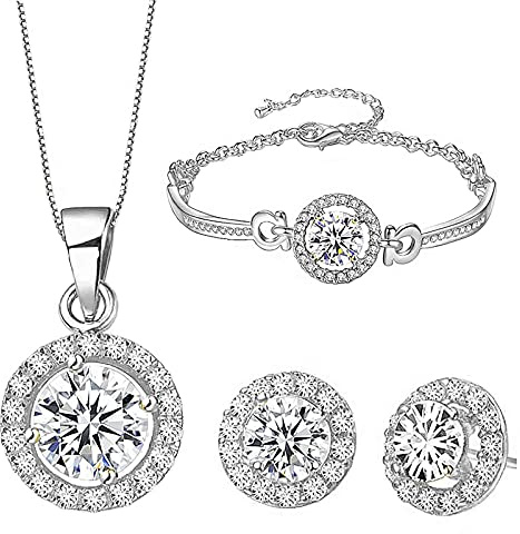 Rumnoke Jewellery Set for Women Cubic Zirconia Jewelry Set Necklace Bracelet and Earrings Set Gifts for Women Silver