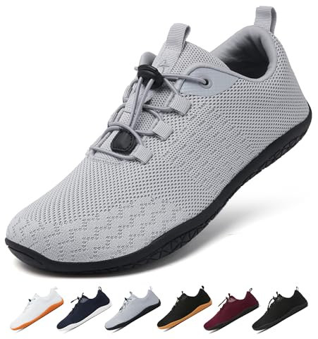 Geweo Barfußschuhe Herren Damen Bequeme Barfuss Sneaker Schuhe mit Breite Zehenbox Leicht Sportschuhe für Fitness Jogging Gym Minimalistische Turnschuhe Zero-Drop Solhe Wanderschuhe Grau Unisex 43EU