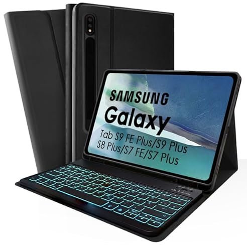 SOPPY Hülle mit Tastatur für 12,4'' Samsung Galaxy Tab S10+/S9 FE+/S9 Plus/S8+/S7+/S7 FE, Kabellose 7-Farbige Beleuchtung Tastaturhülle Schutzhülle Bluetooth Tastatur Hülle-Deutsches QWERTZ, Schwarz