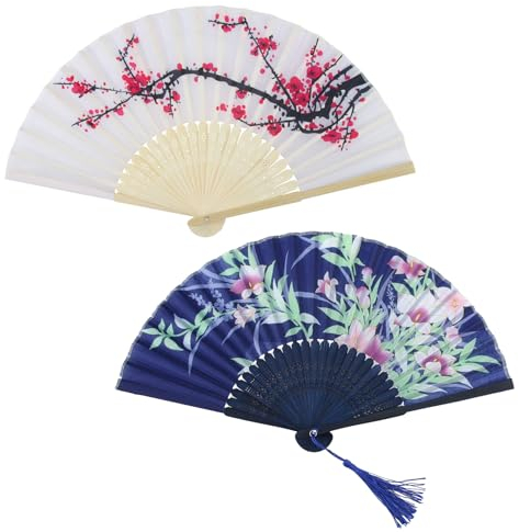 Set of 2 Handheld Silk Folding Fans, Foldable Chinese Japanese Vintage Bamboo Silk Fan Black and White Imitation Silk Fabric with Hollowed Plastic Handle Elegant Accessory and Home Decor