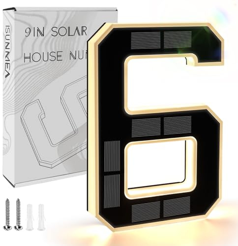 ISUNMEA 9 Inch Solar Lighted House Numbers for Outside, Light Up Waterproof LED Address Numbers Signs for Houses, Large Personalized Illuminated Exterior Modern House Numbers Light (6-Black, 9IN)
