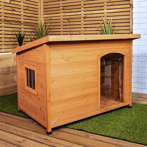 Samuel ALEXANDER 82cm x 1.16m Indoor/Outdoor Garden Wooden Dog House Kennel with Window-Dog House Shelter, Weatherproof and Durable - Perfect for Garden and Home