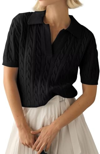 LACOZY Women's Short Sleeve Polo V Neck Sweater Knit Tops Casual Ribbed Shirt Loose Pullover Sweater 2026 Black M