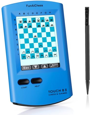 FunAiChess Handheld Electronic Chess Board 8 in 1 Touch Chess Computer Game Portable Electronic Chess Set for Adults, Kids,and Beginners Learn and Travel with Stylus Large LCD Display Gift(Blue)