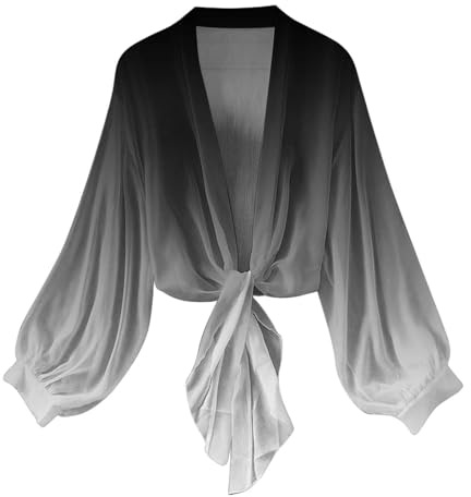 PAIDAXING Summer Cardigans for Women UK Lightweight Sheer Chiffon Shrug Open Front Long Sleeve Cropped Cardigans Ladies Tie Front Bolero Kimono Beach Cover Up Shawl Wrap Flowy Tops