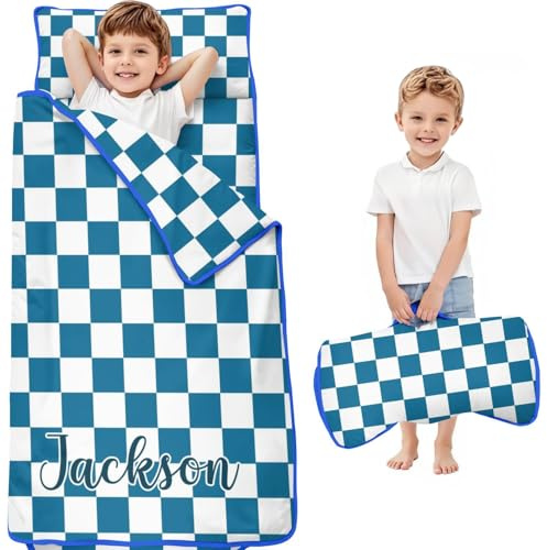 Personalized Name Toddler Nap Mat with Pillow and Blanket for Kindergarten Daycare Preschool, Customized Easy Roll Up Sleeping Bag for Kids Boys Girls, Gingham Plaid Grid Checkered