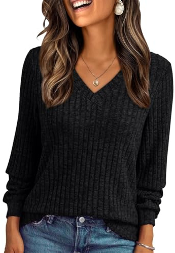 Haslike - Camicetta da donna con scollo a V, maniche lunghe, costine, tunica, top ampia, maglietta a maniche lunghe, magliette a maniche lunghe, magliette a maniche lunghe, Nero , L