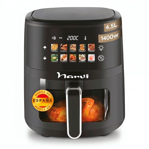 Narvi Freidora de Aire 1400W con Bandeja de Cristal Visible – Air Fryer Cristal Freidora Aire 4,5 Litros Hasta 200 °C, Cocción 360°, Panel Digital Táctil, Apta Lavavajillas, Bajo Consumo
