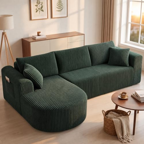 COMHOMA Hörnsoffa med sovfunktion, 243 cm, corduroy, modulär boneless soffa med schäslong, L-formad bäddsoffa, sektionssofa med kudde och sidofickor, soffa för vardagsrum, ingen montering, grön