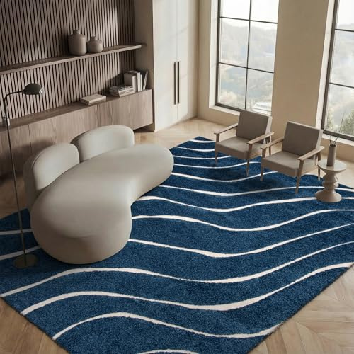 SAFAVIEH Zottelig Teppich für Wohnzimmer, Esszimmer, Schlafzimmer - Florida Shag Collection, Hoher Flor, Dunkelblau und Creme, 183 X 274 cm