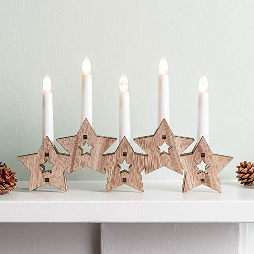 Lights4fun Sternen Holz Kerzenbrücke mit LED Kerzen Timer Batteriebetrieb Innen Weihnachtsdeko Fenster