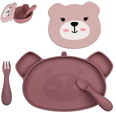 TUM TUM Baby Geschirrset - Babyteller mit Saugnapf, Breischale und Esslernbesteck, 6m+ Betsy Bär, Rosa