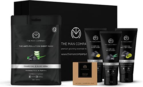 The Man Company Kit viso al carbone De Tan per uomo con detergente per il viso, scrub per il viso, maschera peel off, maschera in tessuto, sapone per la rimozione di punti bianchi e punti neri