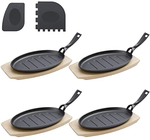 valuents mini poêle en fonte de 27cm – poele grill avec plat pour servir en bois 32cm – set de 4 plaques en fonte +Plus : 2 racloirs