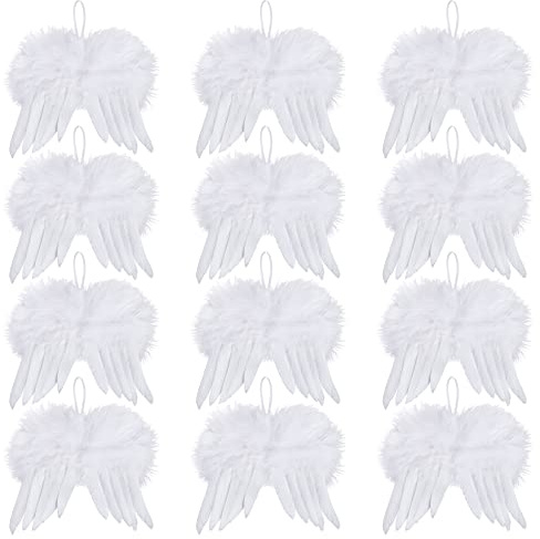 12pcs Angel Feather Wings Ornament for Crafts Mini Angel Wings Christmas Tree Decor Hanging Vintage Chic Pendant for Xmas Holiday Party Decorations DIY Gifts Wedding (4.7 x 3.9 Inch, White)