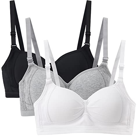 EDS Service Girls First Bra, Soft Cotton Teen Bras, 3 Pack Wire Free Padded Crop Top, Young Underwear with Adjustable Strap for Women Girl 12-18Years, White+ Black+ Grey, 36A (EDSUKCLKI0011-2 /2)