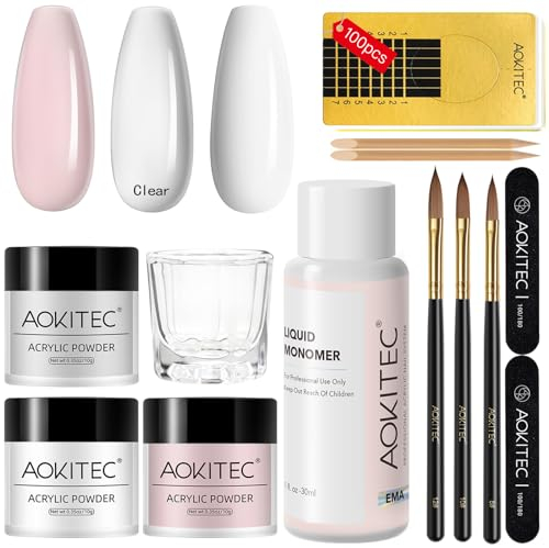 AOKITEC Acryl Nägel Starterset, Rosa/Klar/Weiß Nail Powder und Acrylic Liquid Mit Nagelpinsel und Nagelformen für Langanhaltende Acrylnägel Nail Art, Nägel Selber Machen, Geschenke für Frauen