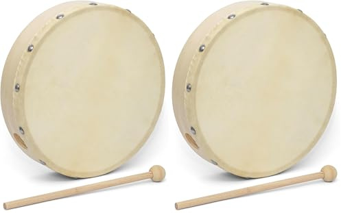 World Rhythm HD-6 Hand Drum - 6 inch Pre-tuned Frame Drum - Beater Included - Authentic Goatskin Drum Head (Pack of 2)