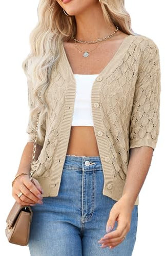 GRACE KARIN Women's Lightweight Crochet Cardigan Button Down, V-Neck Short Sleeve Summer Cardigans for Women UK, Ladies Knitted Cropped Bolero Cardigans Apricot L