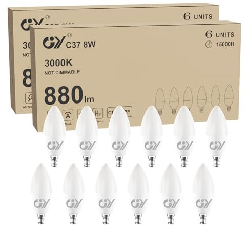 GY 12er E14 LED Ultrahelle Energiespar Glühbirne, 8W Glühbirne E14, Ersetzt 60W lampe, C37 LED Birne 880LM, 3000K Led Warmweiss, 280° Abstrahlwinkel Energiesparlampe, Nicht Dimmbar
