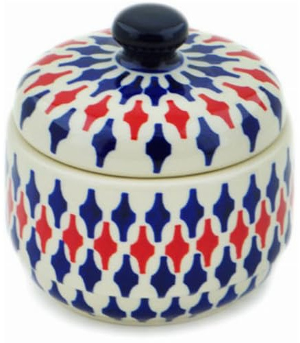 Polmedia Polish Pottery Sugar Bowl 10 oz UNIKAT - Card Of Diamonds Pattern Handmade in Boleslawiec Poland + Certificate of Authenticity