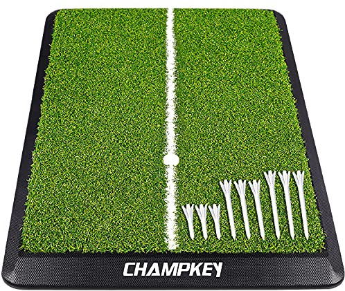 CHAMPKEY Premium Heavy-Duty Rubber Backing Golf Hitting Mat - Professional Alignment Practice Golf Mat Come with 1 Rubber Tee Holder and 9 Plastic Tees (16 x 25)