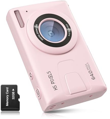Fotocamera digitale CCN, 64MP 1080P FHD Fotocamera con schermo da 3,0, 18X Zoom Digitale Macchina fotografica compatta portatile con 32GB TF Card, Cavo USB, per adolescenti bambini adulti, Rosa