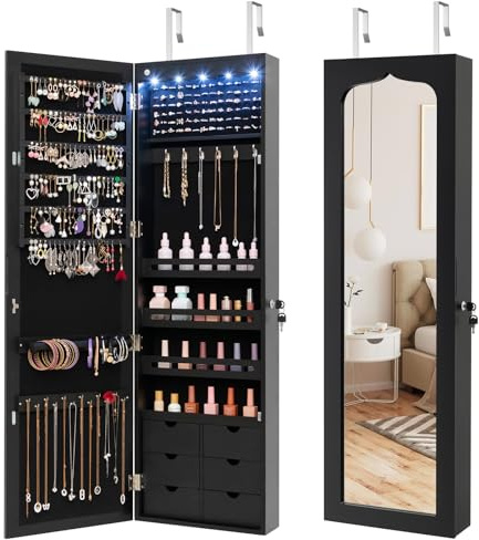 RELAX4LIFE Armadietto per Gioielli con 5 Luci LED, Armadio Portagioielli per Orecchini, Cosmetici e Bracciali, Montaggio a Porta e a Parete, 37x11,5x120cm (Nero)