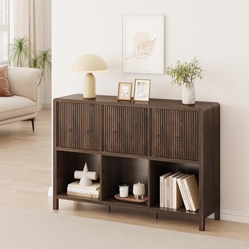 [en.casa] Credenza Bassa Mobile Contenitore con 3 Ante Decorative Push to Open e Scomparti Aperti Sideboard per Soggiorno Corridoio Studio 77x110x30 cm Effetto Noce