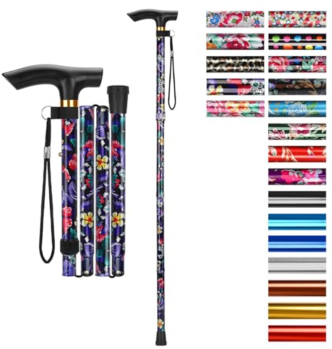 supregear Canne Pliante, Hauteur Réglable à 5 Niveaux Canne de Marche Légère Portable Bâtons de Voyage avec Dragonne et Poignée en T pour Personnes Âgées Handicapées Hommes Femmes, Noir Grandes Floral