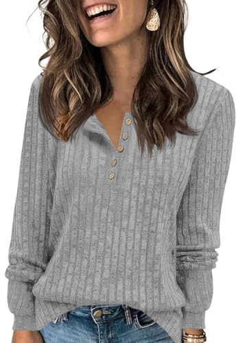 Fisoew T-Shirt à Manches Longues pour Femme - Col Rond avec Boutons - Pull léger en Tricot à Manches Longues - Pull côtelé Basique - Hauts d'automne, Gris, XXL